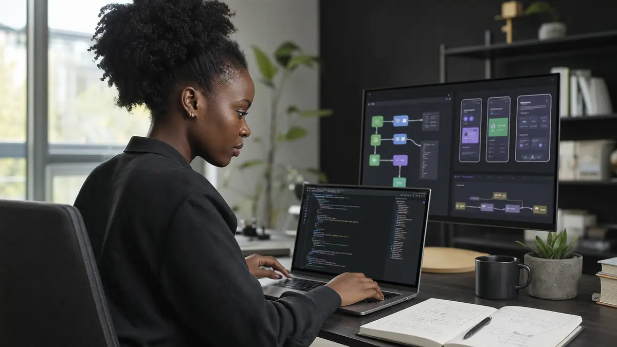 Black African woman building and testing an AI product at her workspace