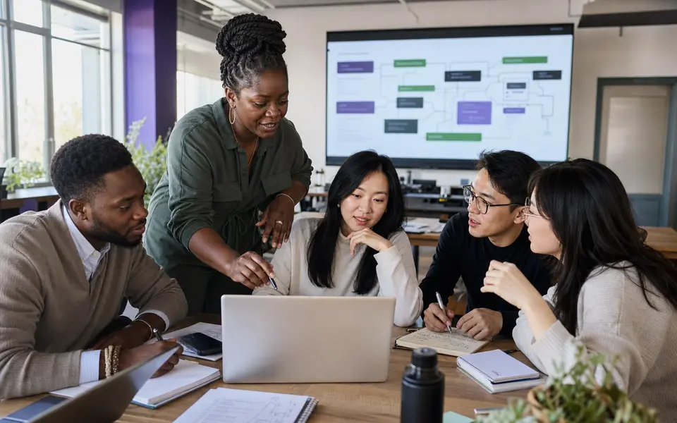 African educator guiding African and East Asian adult learners through an AI project
