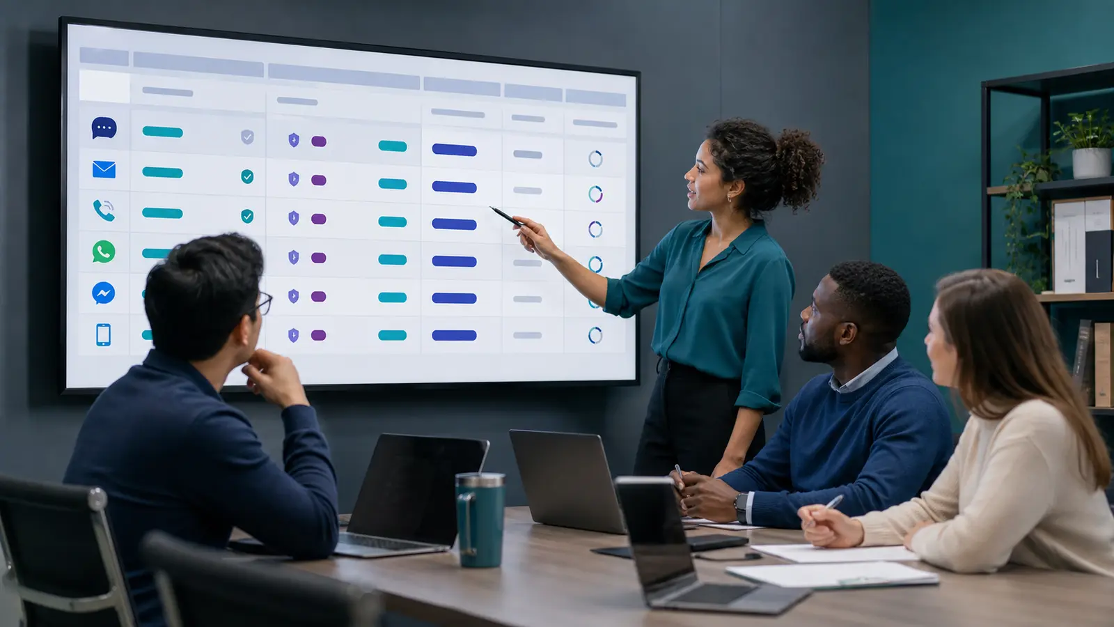 Conversation operations team reviewing channel-specific policy and consent controls