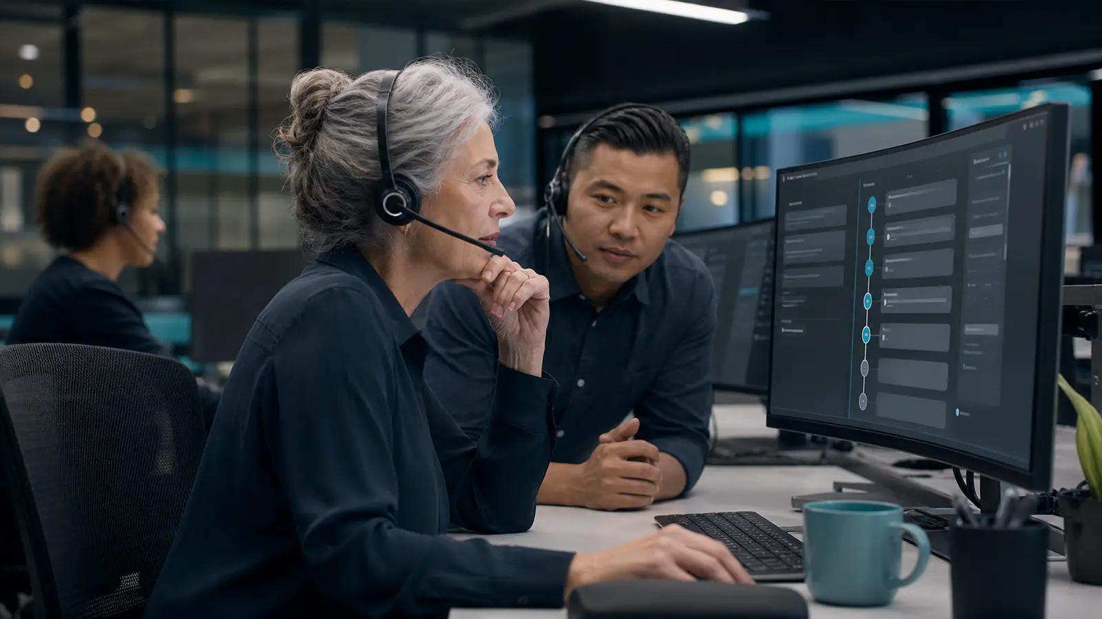 Customer operations specialists reviewing a sensitive conversation before human takeover