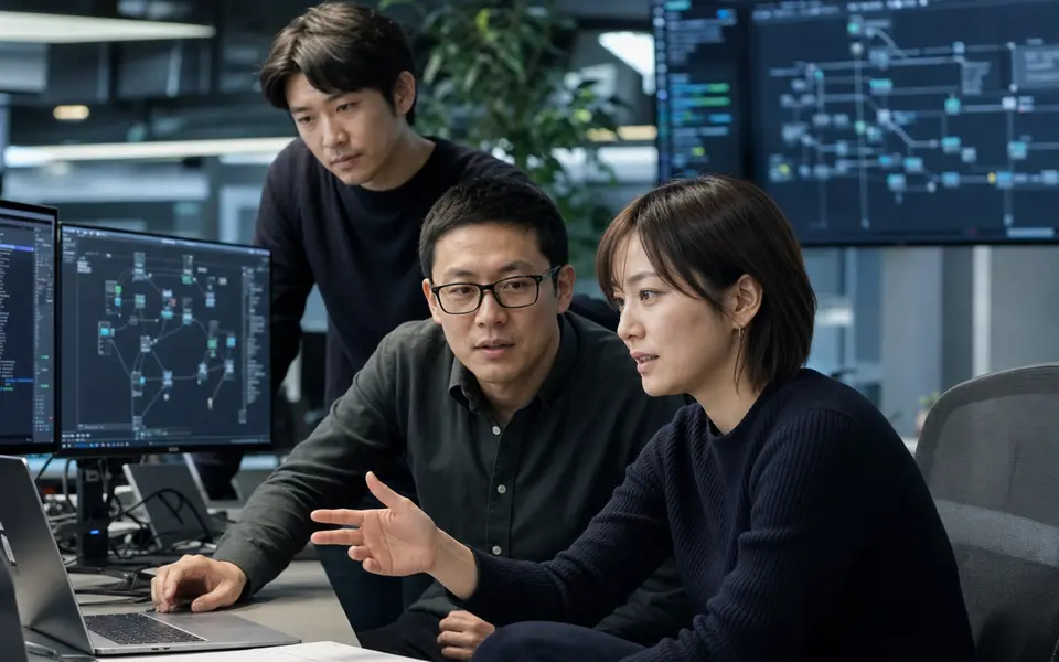 Japanese and Chinese engineers reviewing an operational AI workflow