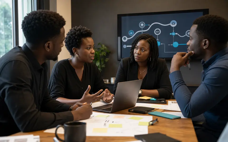 African business team planning a customer growth workflow