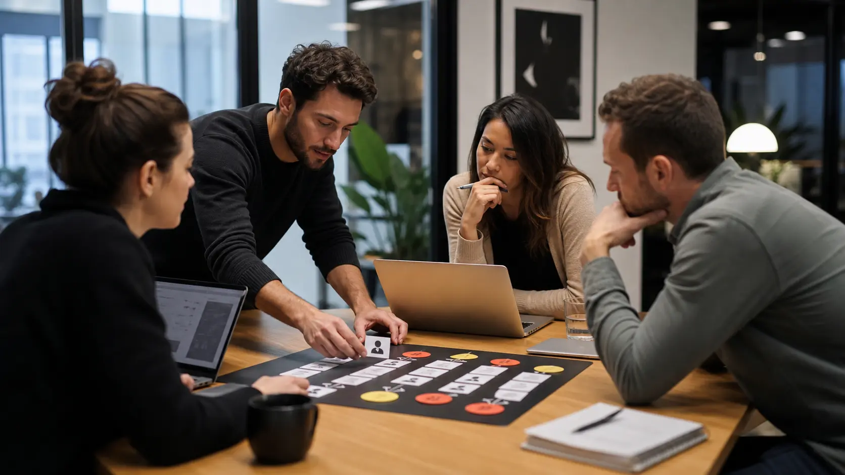 Small team assigning clear owners and next steps on a planning board