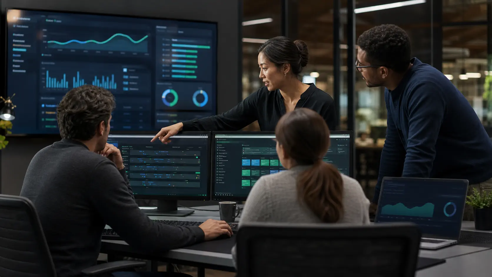 Product and operations team reviewing practical AI workflows and outcome dashboards