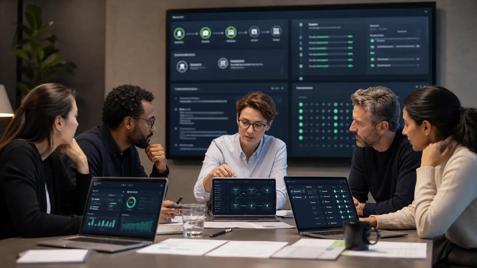 Responsible AI governance team reviewing approval, privacy, evidence, and recovery controls