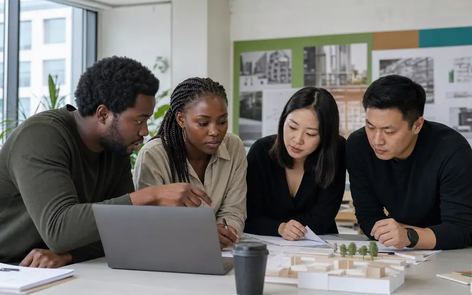 African and East Asian adults reviewing an AI project with an educator