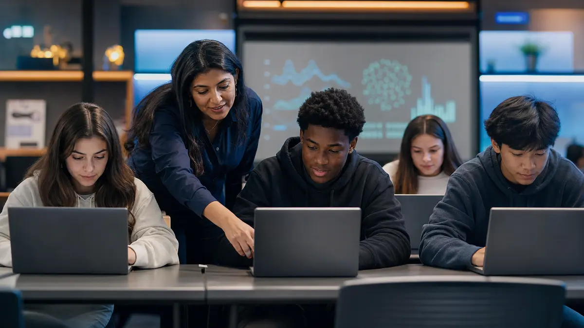 Older students using managed AI learning tools with supportive educator oversight