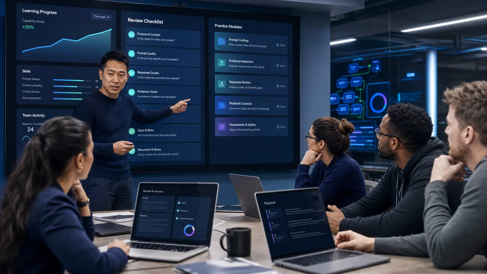 African and East Asian professionals reviewing a role-based AI workflow together