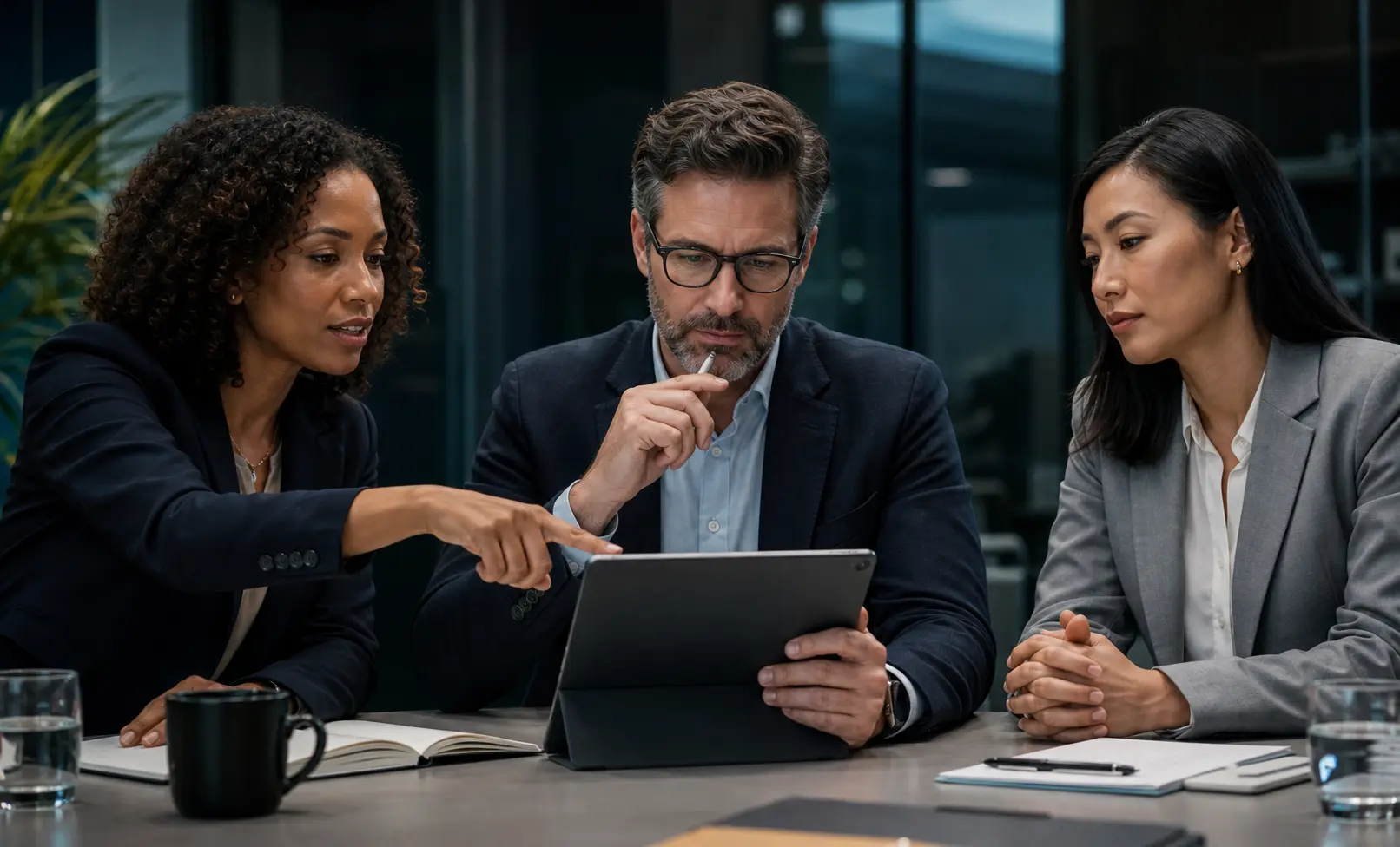 Authorized meeting owner reviewing AI-prepared notes with colleagues before approval