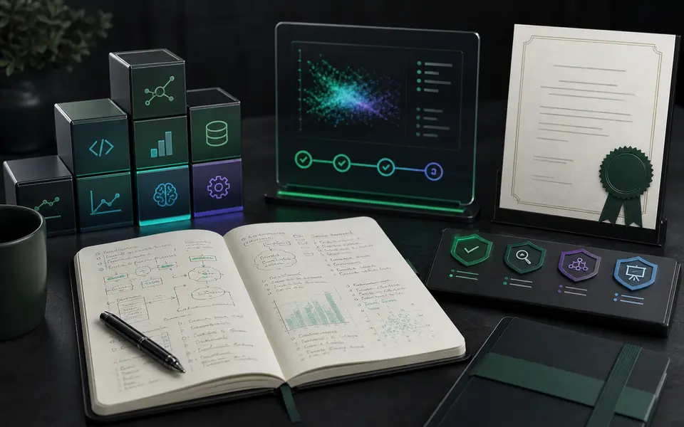 Practical AI learning workspace with project evidence, assessment, and credential materials
