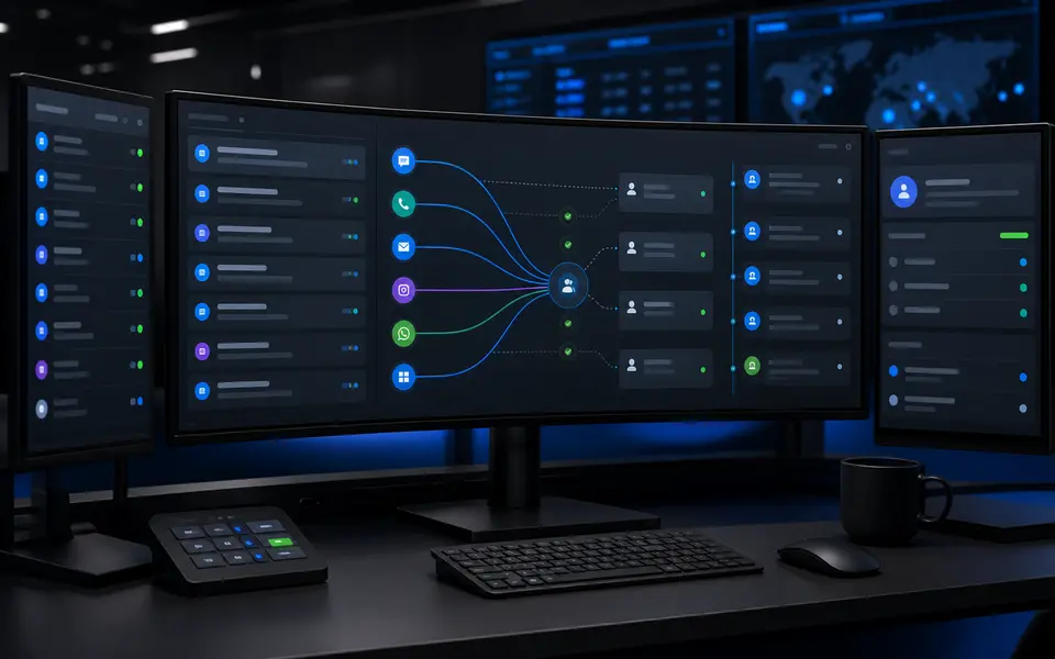 Unified customer conversation workspace coordinating channels, routing, and human handoff