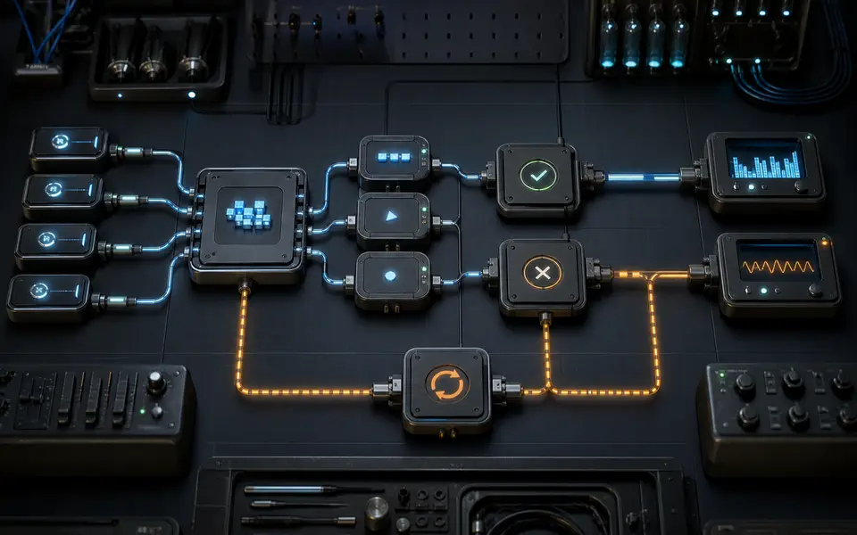 Connected operational workflow modules showing approvals, automation, and recovery paths