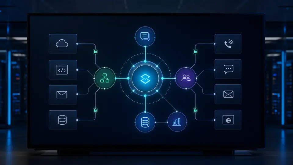 Business systems and customer channels connected to one governed operating hub.