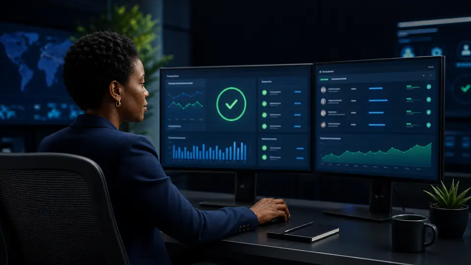 Operations lead monitoring service health and adoption from a command center.