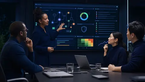 Professionals reviewing AI governance controls, approval gates, risk categories, and responsible-use dashboards.