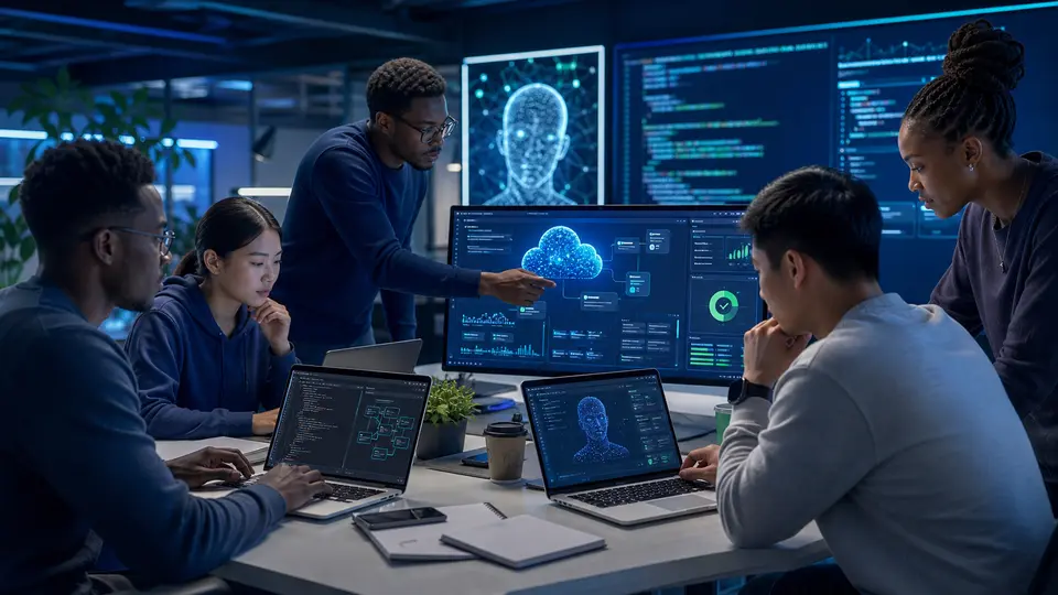 Practical AI builder workspace illustrating code, app, and project development activities