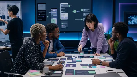 Product designers mapping AI interface prototypes, user journeys, and responsible interaction flows.