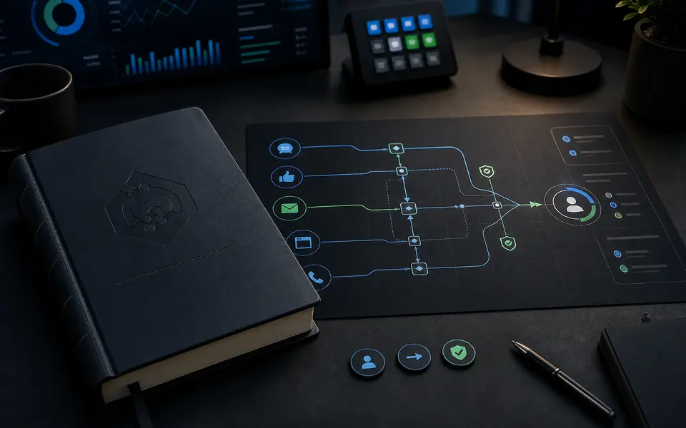 AI Conversations operations guide beside a coordinated channel routing map