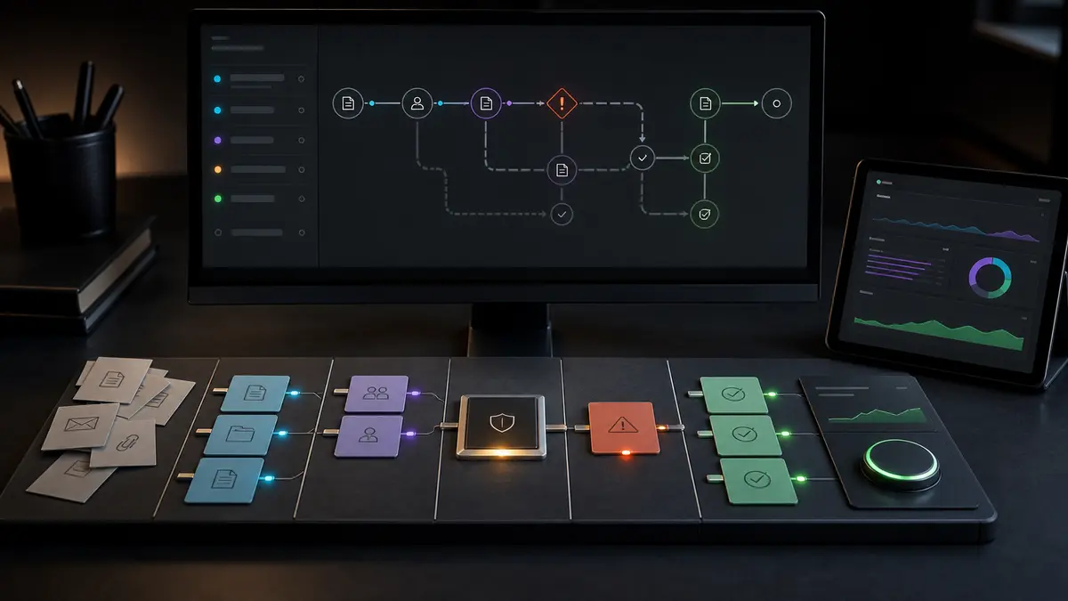 Monitored workflow desk connecting approvals, incidents, recovery, and outcomes