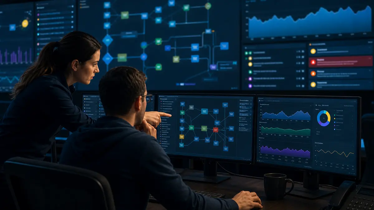 Operations team monitoring recovery paths, workflow health, and system alerts
